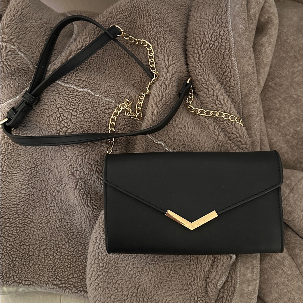 Black Crossbody Bag with Gold Chain
